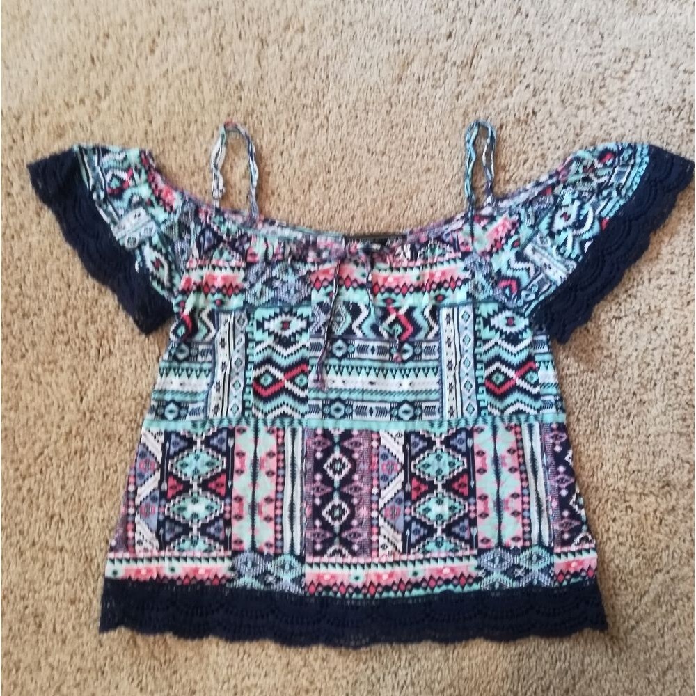 Almost Famous Aztec Print Cold Shoulder Top